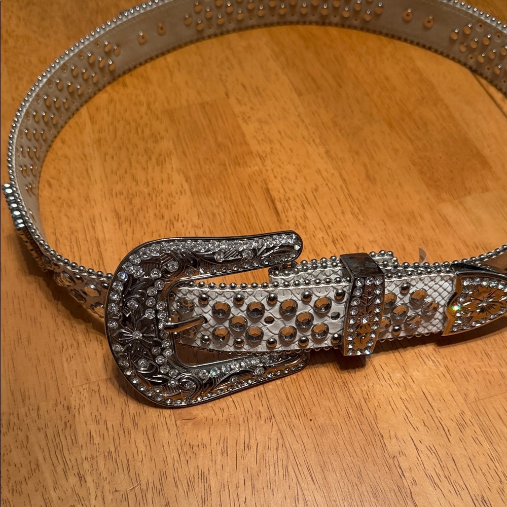 White Rhinestone Western Buckle Belt - Women Accessories